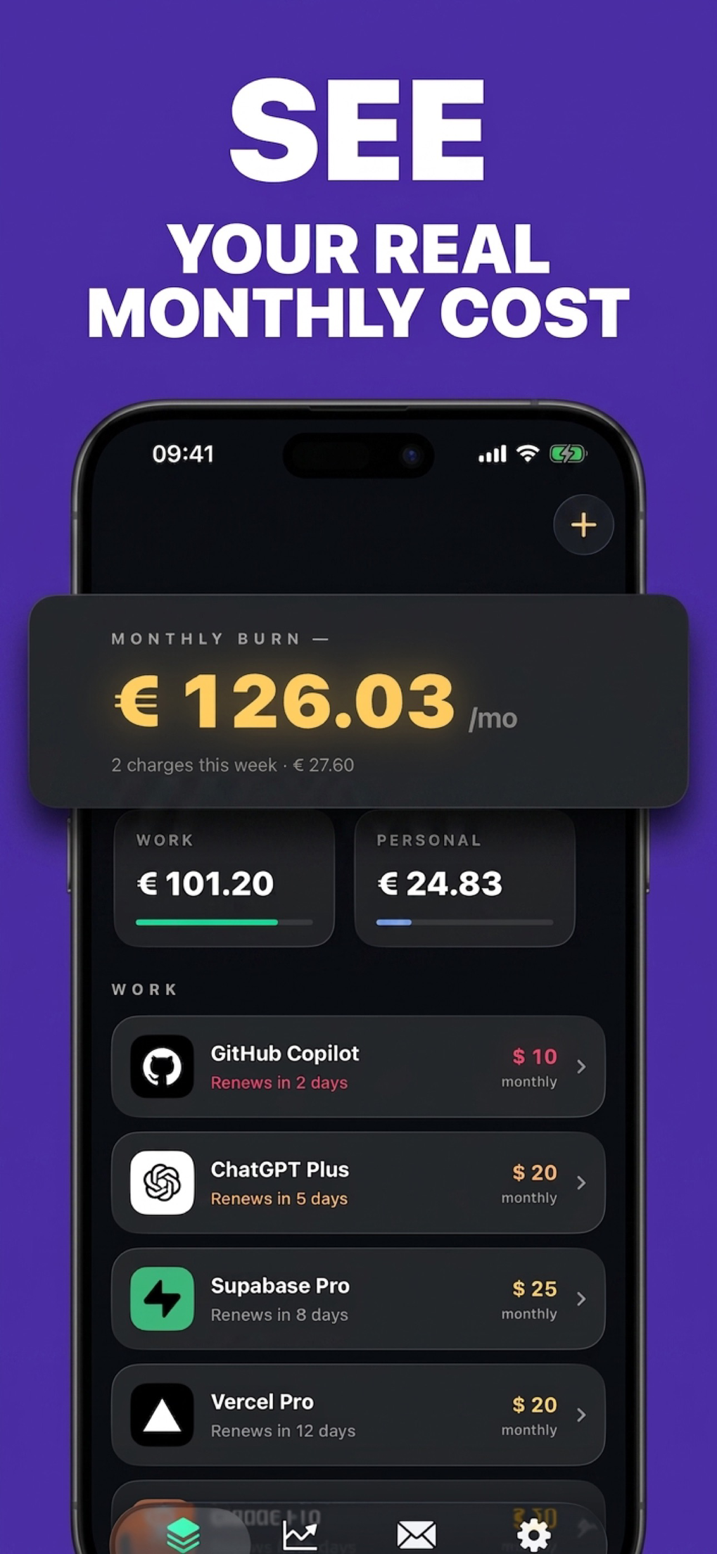 Monthly subscription cost tracker with category breakdown and renewal dates