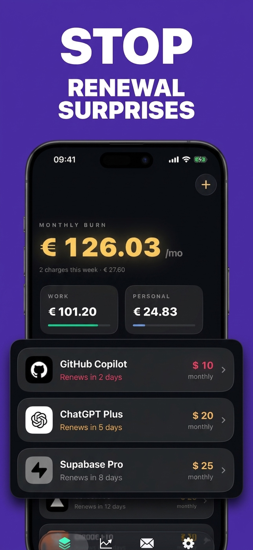 Subscription app showing upcoming renewal alerts and charges this week