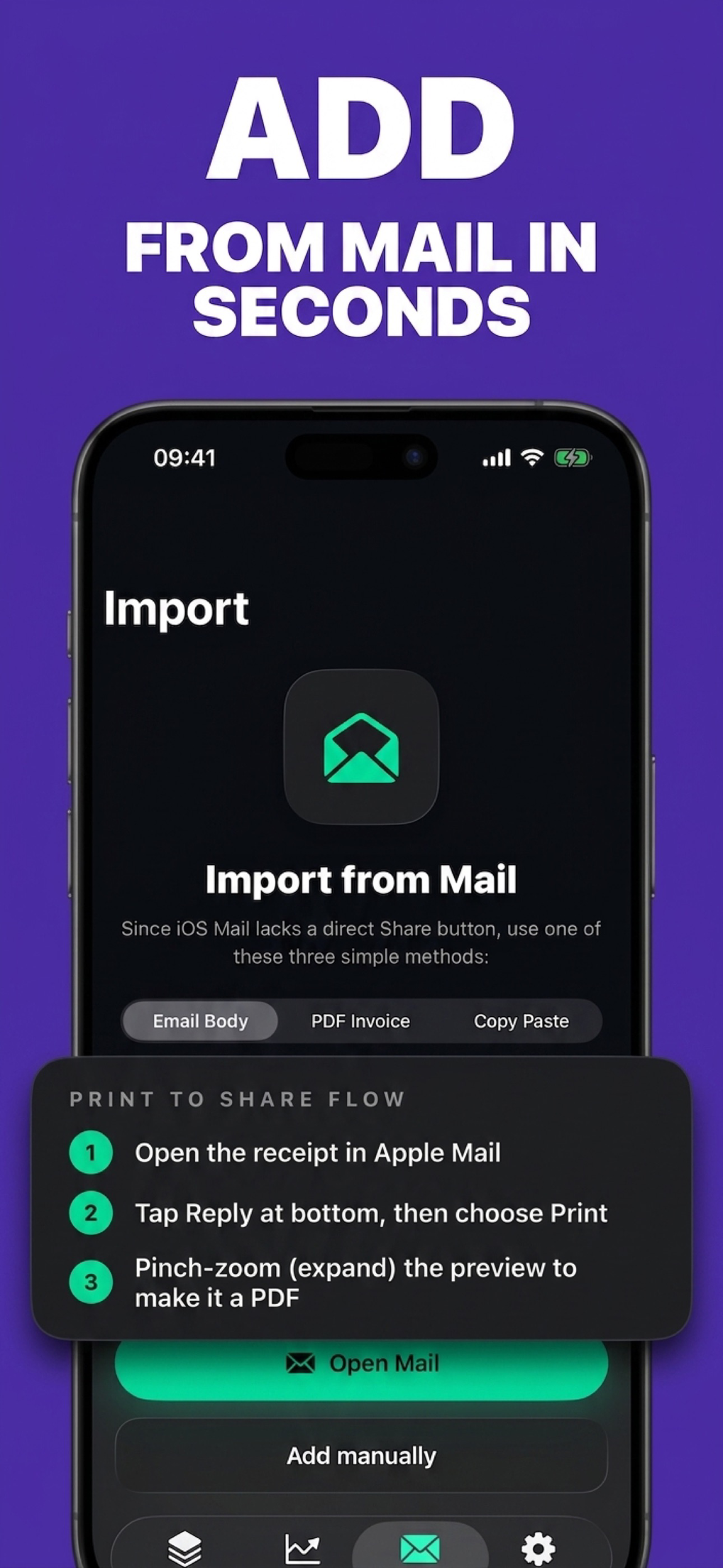 Email import screen with print-to-PDF and copy-paste methods for receipts